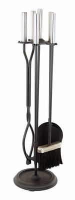 4-Piece Fireplace Tool Set - Pewter - Cylindrical Handles