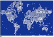 World Typographic Blue Wall Map Print Poster