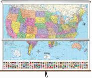 World and US Combo Classroom Style Pull Down Wall Maps Political