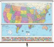 World & US Combo Wall Map on Roller