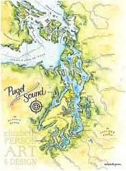 Puget Sound Watercolor Map Illustration by Elizabeth Person