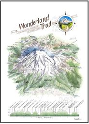 Wonderland Trail Mt Rainier Watercolor Illustration with Elevations