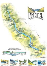 Lake Chelan Watercolor Illustration Map