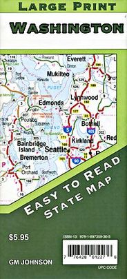 Washington State Road Map Large Print Easy to Read GM Johnson
