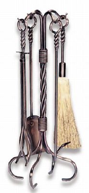 4-Piece Fireplace Tool Set with Twisted Handles - Antique Copper