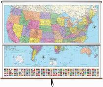 World and US Combo Classroom Style Pull Down Wall Maps Political