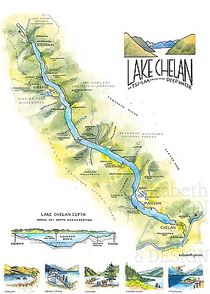 Lake Chelan Watercolor Illustration Map