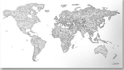 World Coloring Map Black and White Hand Sketched with lots of Doodles
