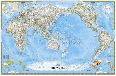 World Wall Map Classic Blue Pacific Center National Geographic Detail