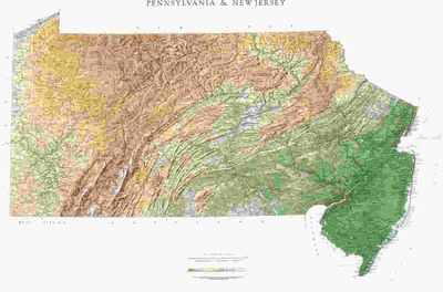 New Jersey and Pennsylvania State Wall Map with Shaded Terrain Relief by Raven Maps