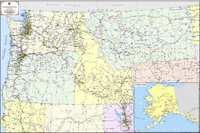 Northwest States Commercial Wall Map w/ Alaska Paper Laminated Kroll