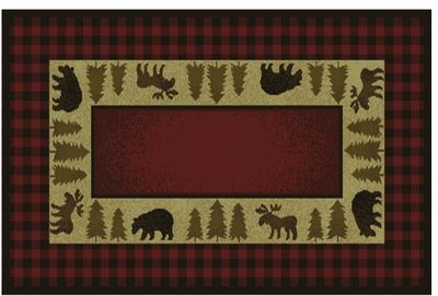 Vista Bear & Moose Red Plaid Rectangular Olefin Hearth Rug