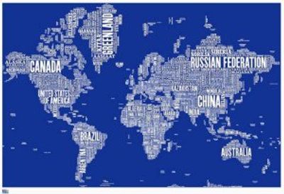 World Typographic Blue Wall Map Print Poster