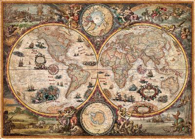 Vintage Look Modern Geography World Hemisphere Wall Map with Illustrations