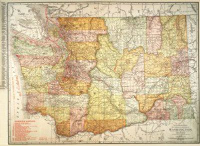 Washington State Antique Historic Wall Map early 1900s with Principal Cities Index
