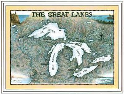 Great Lakes Nautical Watercolor Art Wall Map