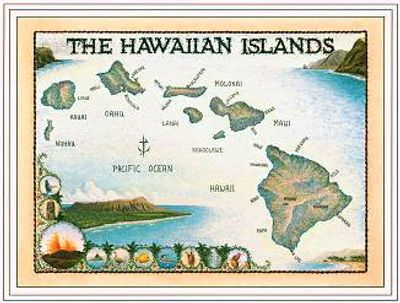Hawaiian Islands Nautical Watercolor Art Wall Map