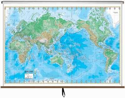 World Physical Classroom Style Pull Down Wall Maps