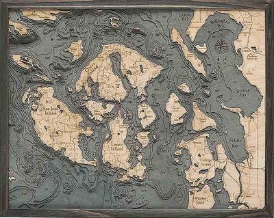 San Juan Islands 3D Nautical Wood Chart - Gray Frame