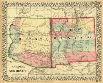 Antique Map of Arizona and New Mexico 1867