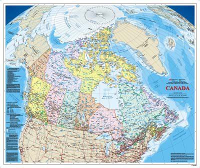 Canada Political Wall Map showing Provinces and the North Pole