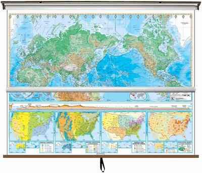 World and US Combo Classroom Style Pull Down Wall Maps Detail Physical