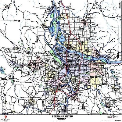 Portland Oregon and Vancouver WA Wall Map with main streets
