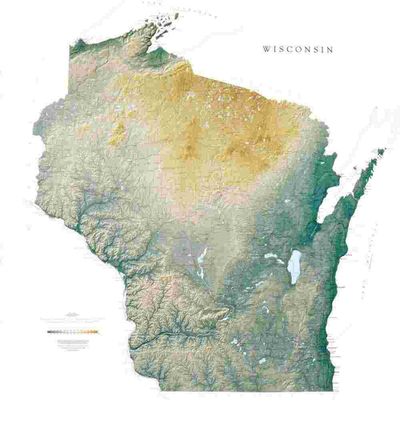 Wisconsin State Wall Map with Shaded Terrain Relief by Raven Maps