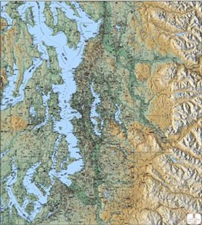 Greater Puget Sound Terrain (Shaded Relief) Map by Kroll Map Company