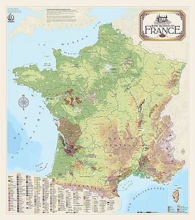France Wine Regions Wall Map with Shaded Relief
