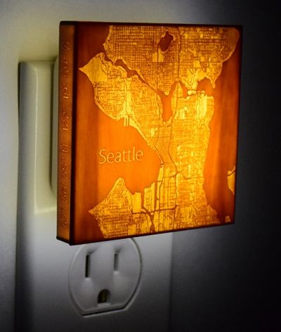 Seattle Night Light Wood Map Cut Out Gift