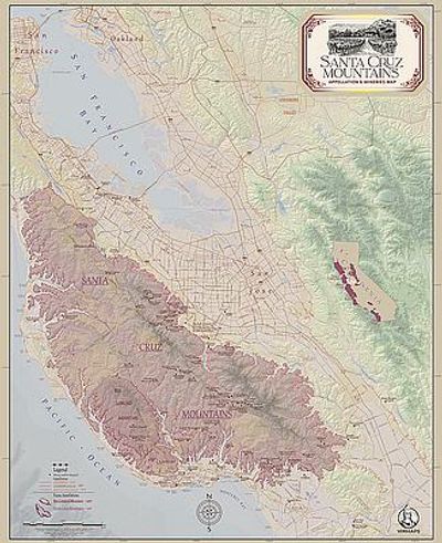 Santa Cruz Mountains Wine Region and Wineries Wall Map with Shaded Relief