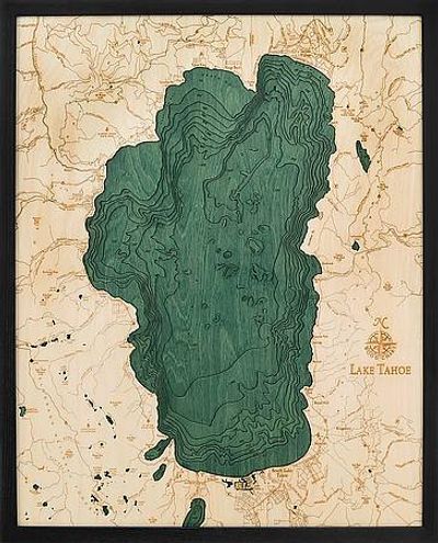 Lake Tahoe 3D Nautical Wood Chart with Dark Wood Frame