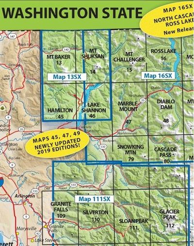 Cascade Mountains NorthWest Area Index Map for Green Trails Map Titles