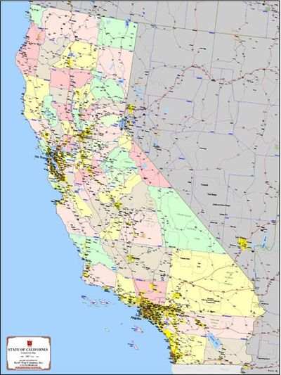 California State Wall Map with Counties Color Shaded and Named
