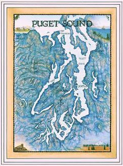 Puget Sound Area Nautical Watercolor Art Wall Map