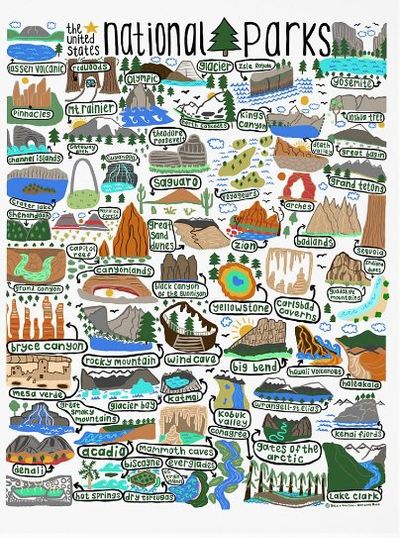 Cartoon Illustrated National Parks Map Poster Art