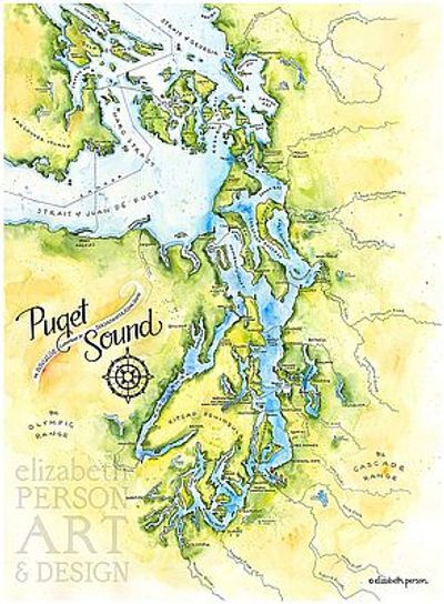 Puget Sound Watercolor Map Illustration by Elizabeth Person