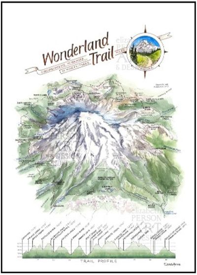 Wonderland Trail Mt Rainier Watercolor Illustration with Elevations