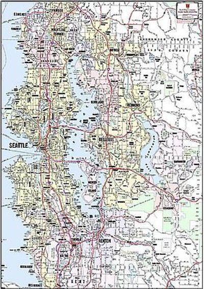 Greater Seattle Area Arterial Map with Shaded City Boundaries by Kroll Map Company