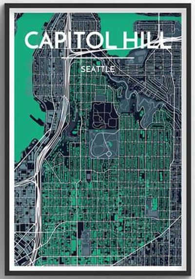 Capitol Hill Seattle Neighborhood City Map Art Wall Graphic using Streets and Colors