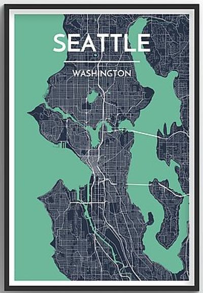 Seattle Neighborhood Wall Map Dark Green Poster Point Two