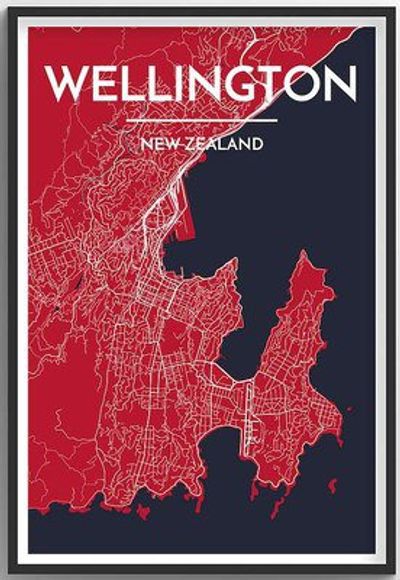 Wellington New Zealand City Map Art Wall Graphic using Streets and Colors