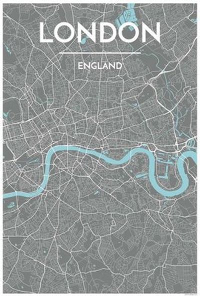 London England City Map Art Wall Graphic Grey using Streets and Colors