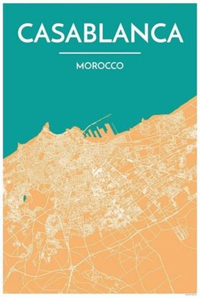 Casablanca Morocco City Map Art Wall Graphic using Streets and Colors