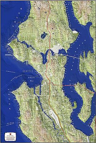 Seattle Detailed Streets Wall Map with Terrain Coloring