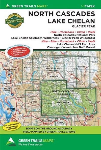 North Cascades Lake Chelan Hiking Topo Waterproof Map Green Trails 114SX
