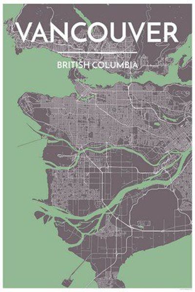 Vancouver Canada City Map Art Wall Graphic using Streets and Colors Green