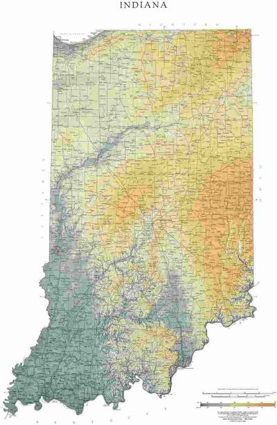 Indiana State Wall Map with Shaded Terrain Relief by Raven Maps