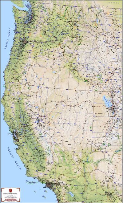 Western United States Terrain Wall Map Including Cities Towns and Highways